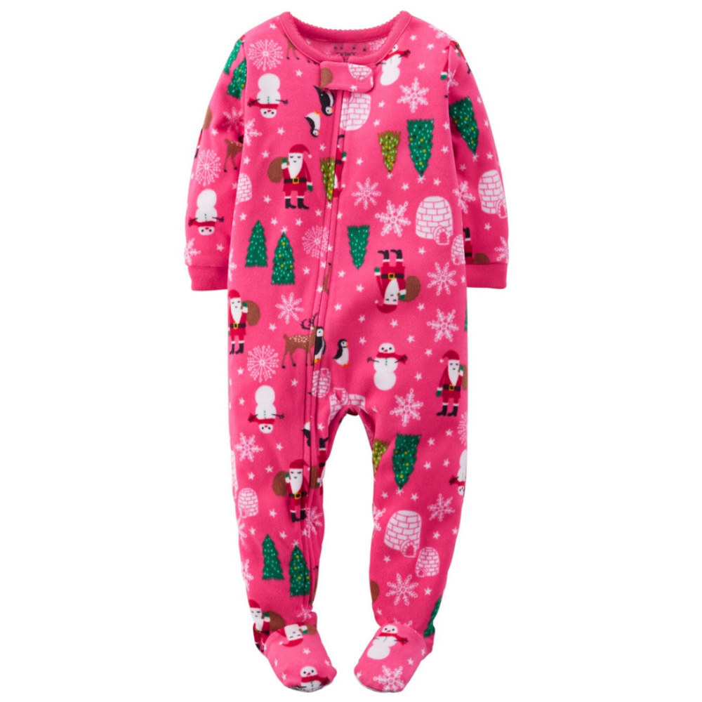 Carter’s 18 Months Baby Girl Christmas Pajamas Santa Tree Pink Fleece Footie NWT